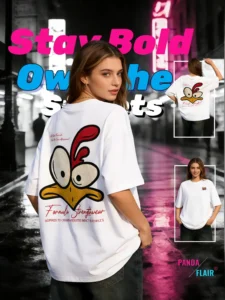 Panda Flair Y2K Oversize T-Shirt White / Crazy Bird Print premium Solona | Your Streetwear Attitude Starts Here