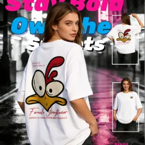 Panda Flair Y2K Oversize T-Shirt White / Crazy Bird Print premium Solona | Your Streetwear Attitude Starts Here