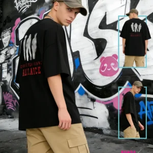Panda Flair Y2K Streetwear Iron Alliance Graphic Oversized Black T-Shirt for Men