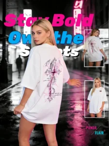 Panda Flair Y2K Streetwear Oversized White Dragon Cross Graphic Tee Dress for Gen Z