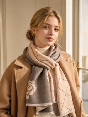 Double-sided cashmere-feel scarf with dusty pink argyle and rose jacquard, styled in a vintage study - Panda Flair