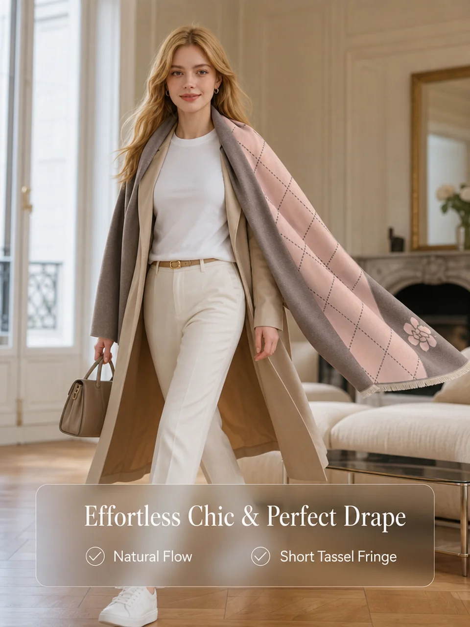 Cashmere-feel scarf draped gracefully over the shoulder - Panda Flair