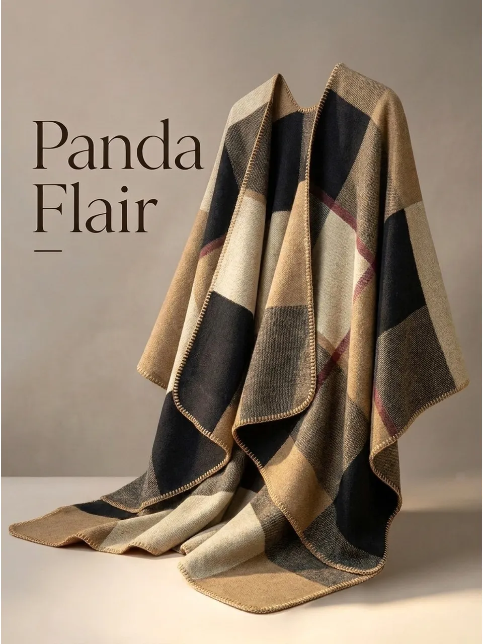 British Plaid Poncho - Camel