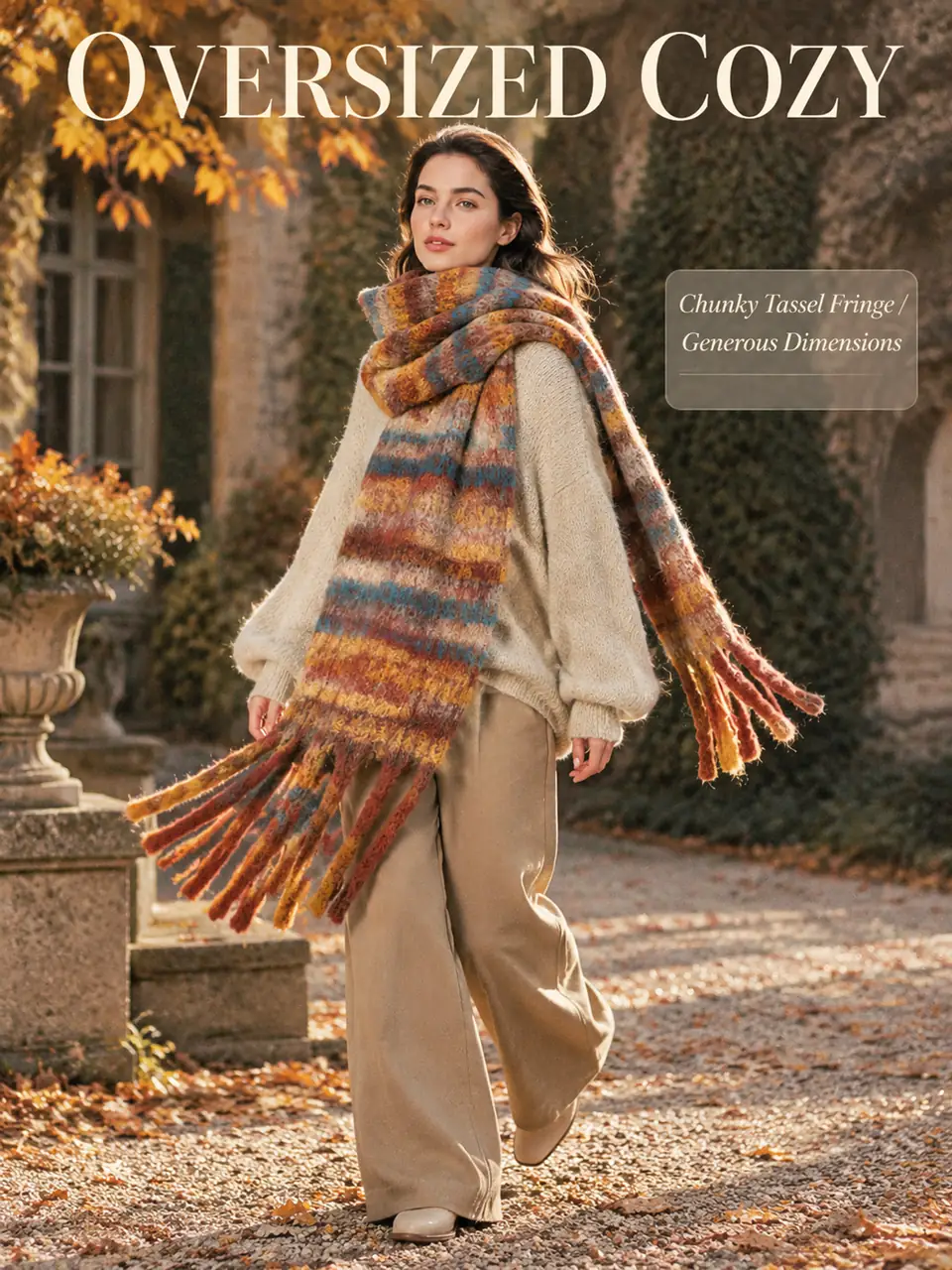 Oversized Stripe Fringe Scarf